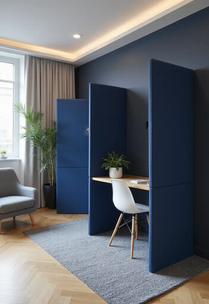 30 Navy Blue Office Ideas That Feel Rich and Powerful - 19. Navy Blue Privacy Screens