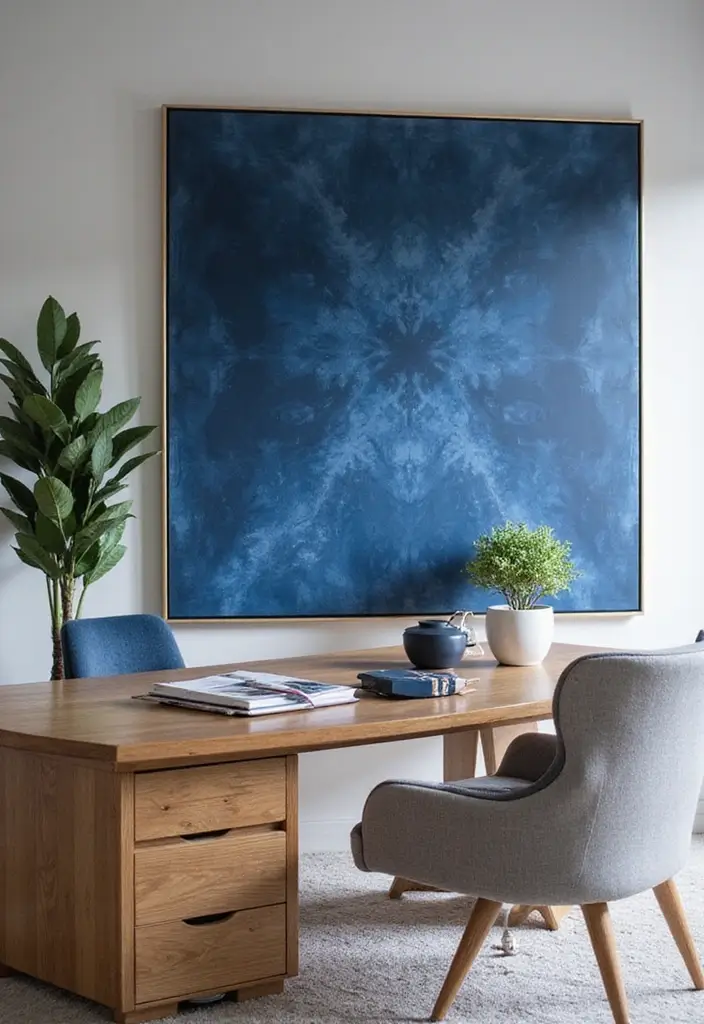 30 Navy Blue Office Ideas That Feel Rich and Powerful - 22. Navy Blue Large-Scale Art