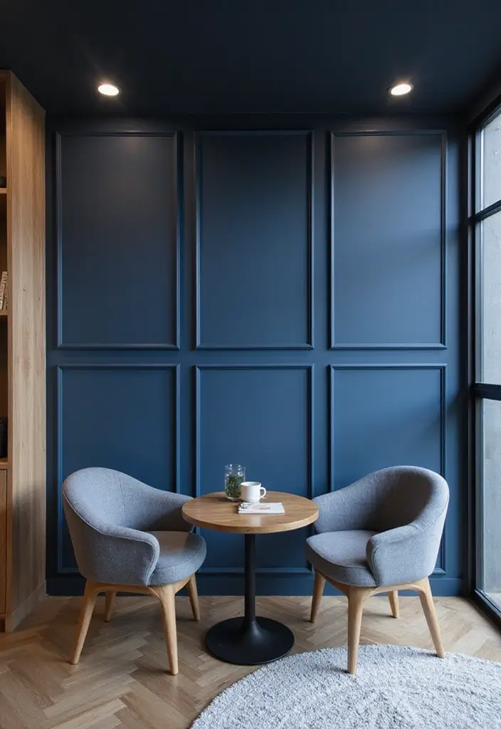 30 Navy Blue Office Ideas That Feel Rich and Powerful - 23. Navy Blue Unique Wall Panels