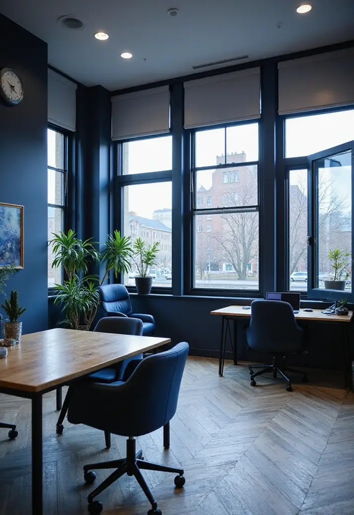 30 Navy Blue Office Ideas That Feel Rich and Powerful - 24. Navy Blue Creative Workspace Layout