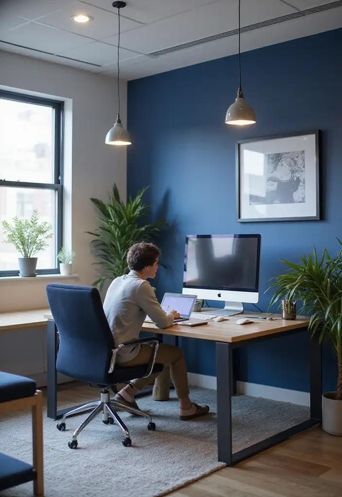 30 Navy Blue Office Ideas That Feel Rich and Powerful - 29. Navy Blue Office Layout for Collaboration