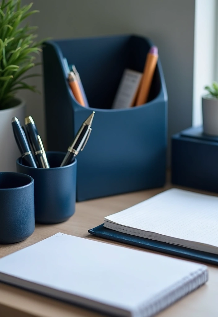 30 Navy Blue Office Ideas That Feel Rich and Powerful - 3. Navy Blue Office Accessories
