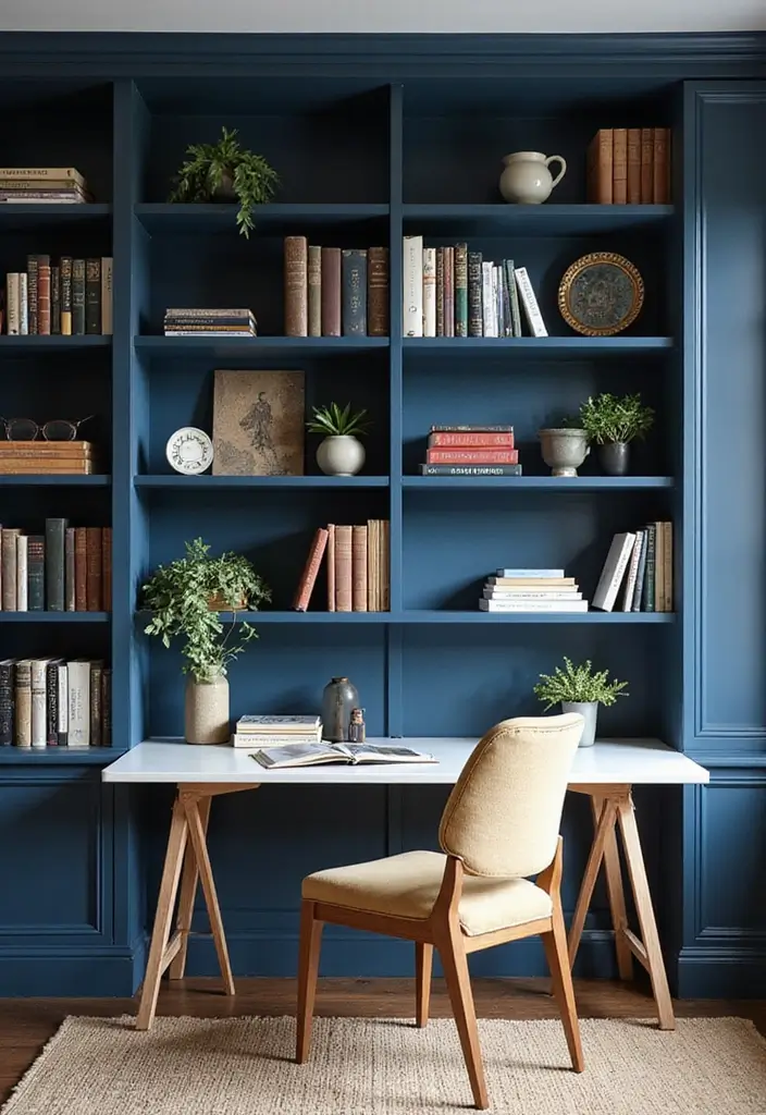 30 Navy Blue Office Ideas That Feel Rich and Powerful - 5. Navy Blue Shelving Units