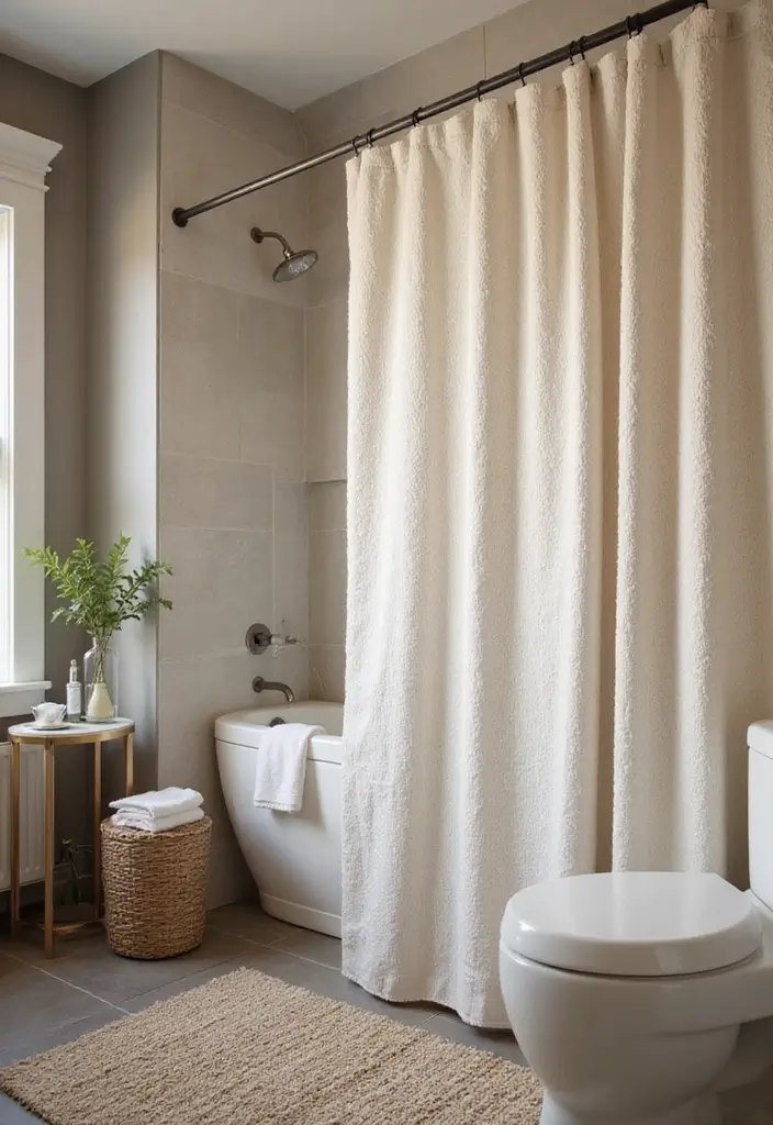 30 Office Bathroom Decor Ideas So It Doesn’t Feel Like… an Office Bathroom - 16. Textured Shower Curtains
