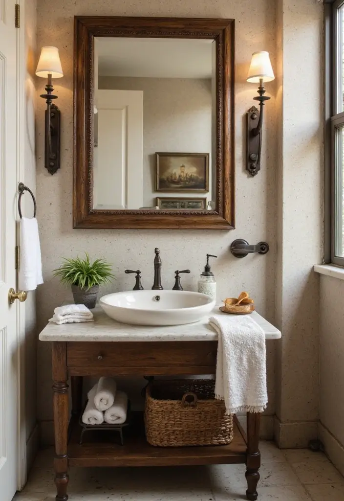 30 Office Bathroom Decor Ideas So It Doesn’t Feel Like… an Office Bathroom - 18. Vintage Accents