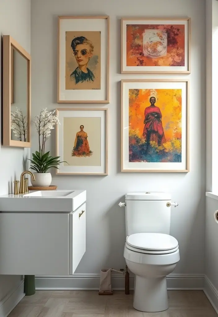 30 Office Bathroom Decor Ideas So It Doesn’t Feel Like… an Office Bathroom - 8. Artful Wall Prints