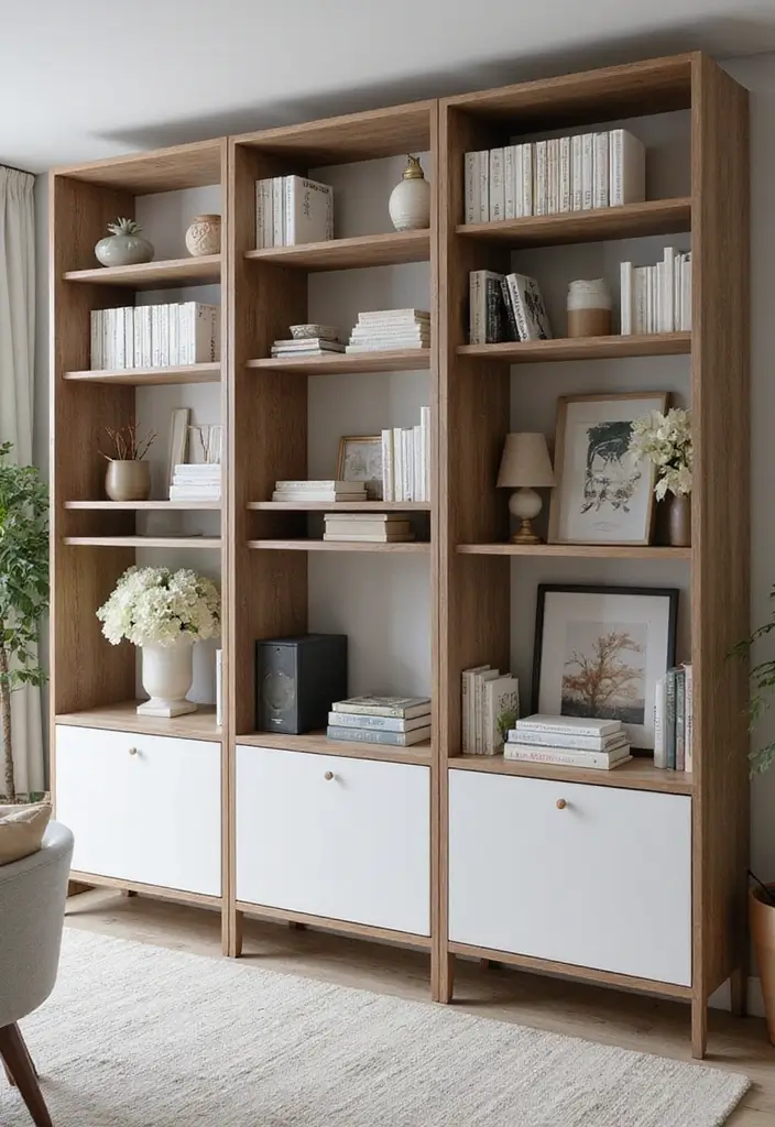 30 Office Cabinet Design Ideas to Hide Every Mess - 15. Open Shelving Cabinets