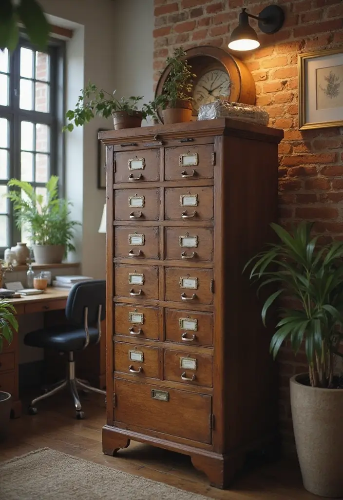 30 Office Cabinet Design Ideas to Hide Every Mess - 24. Vintage-Look Filing Cabinets