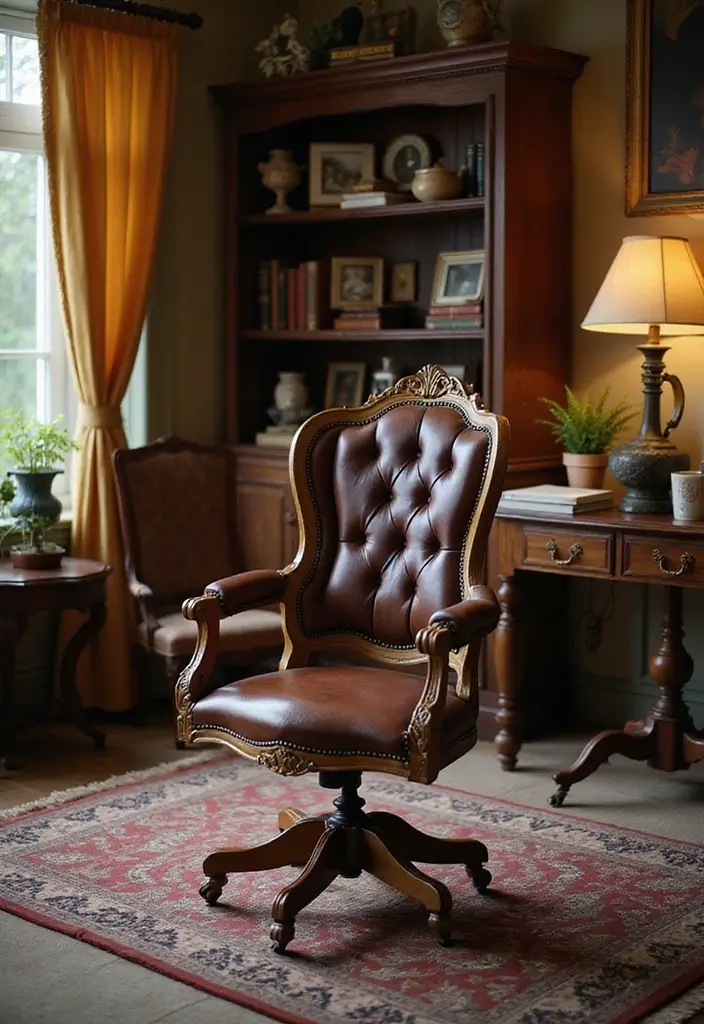 30 Office Chair Ideas That Are Cute AND Ergonomic - 25. Vintage Charm with Antique Office Chairs