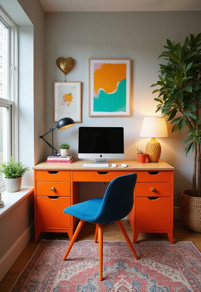 30 Office Nook in Living Room Ideas That Don’t Ruin Your Aesthetic - 12. Bright and Bold Colors