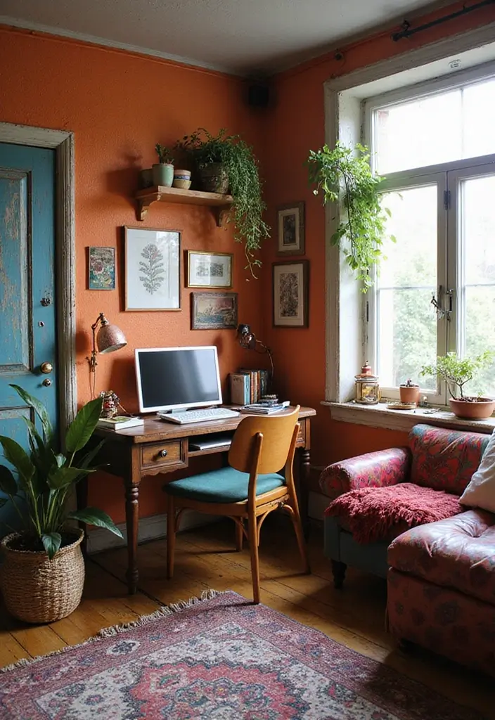 30 Office Nook in Living Room Ideas That Don’t Ruin Your Aesthetic - 19. Bohemian Eclectic Workspace