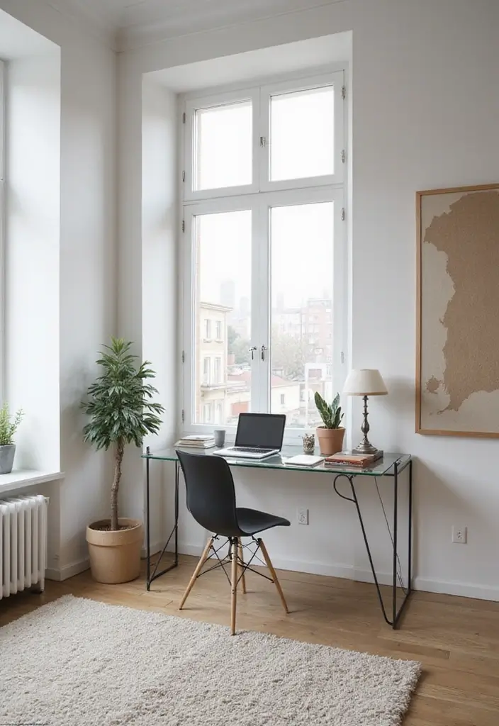 30 Office Nook in Living Room Ideas That Don’t Ruin Your Aesthetic - 20. Elegant Glass Desk