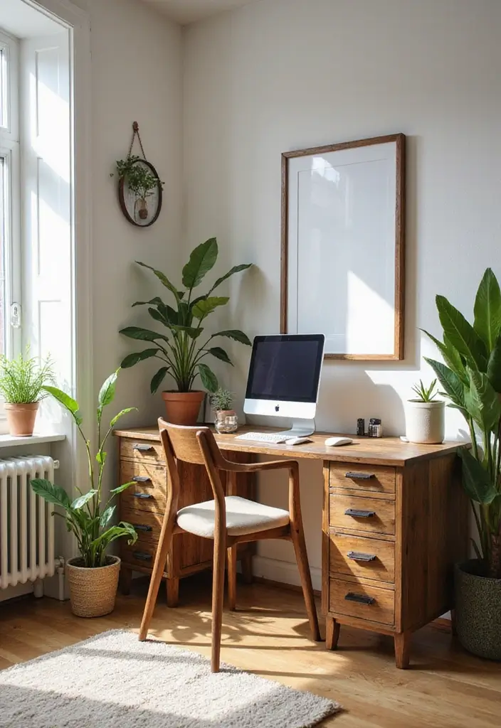 30 Office Nook in Living Room Ideas That Don’t Ruin Your Aesthetic - 21. Eco-Friendly Workspace