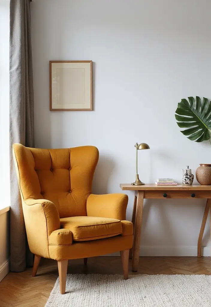 30 Office Nook in Living Room Ideas That Don’t Ruin Your Aesthetic - 22. Statement Chair Focus