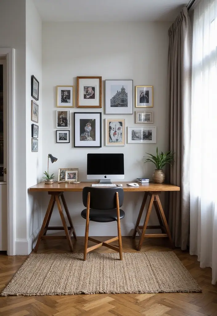 30 Office Nook in Living Room Ideas That Don’t Ruin Your Aesthetic - 23. Personal Gallery Workspace