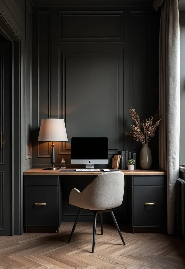 30 Office Nook in Living Room Ideas That Don’t Ruin Your Aesthetic - 24. Dark and Moody Nook