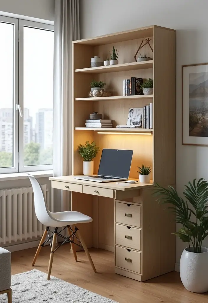 30 Office Nook in Living Room Ideas That Don’t Ruin Your Aesthetic - 28. Space-Saving Vertical Desk
