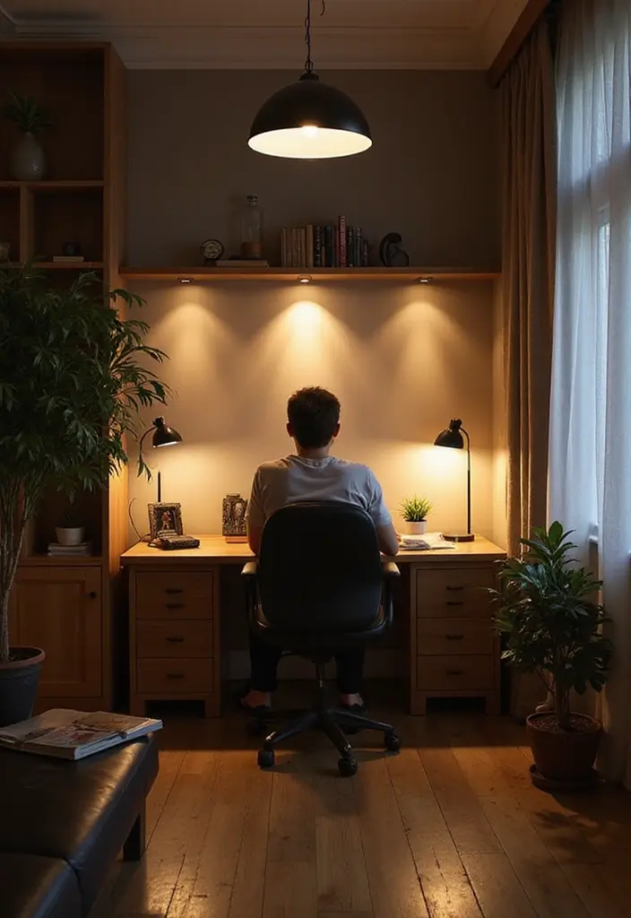 30 Office Nook in Living Room Ideas That Don’t Ruin Your Aesthetic - 30. Layered Lighting Designs
