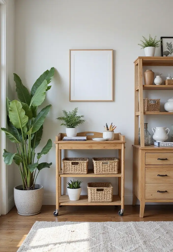30 Office Nook in Living Room Ideas That Don’t Ruin Your Aesthetic - 4. Stylish Cart Office Nook