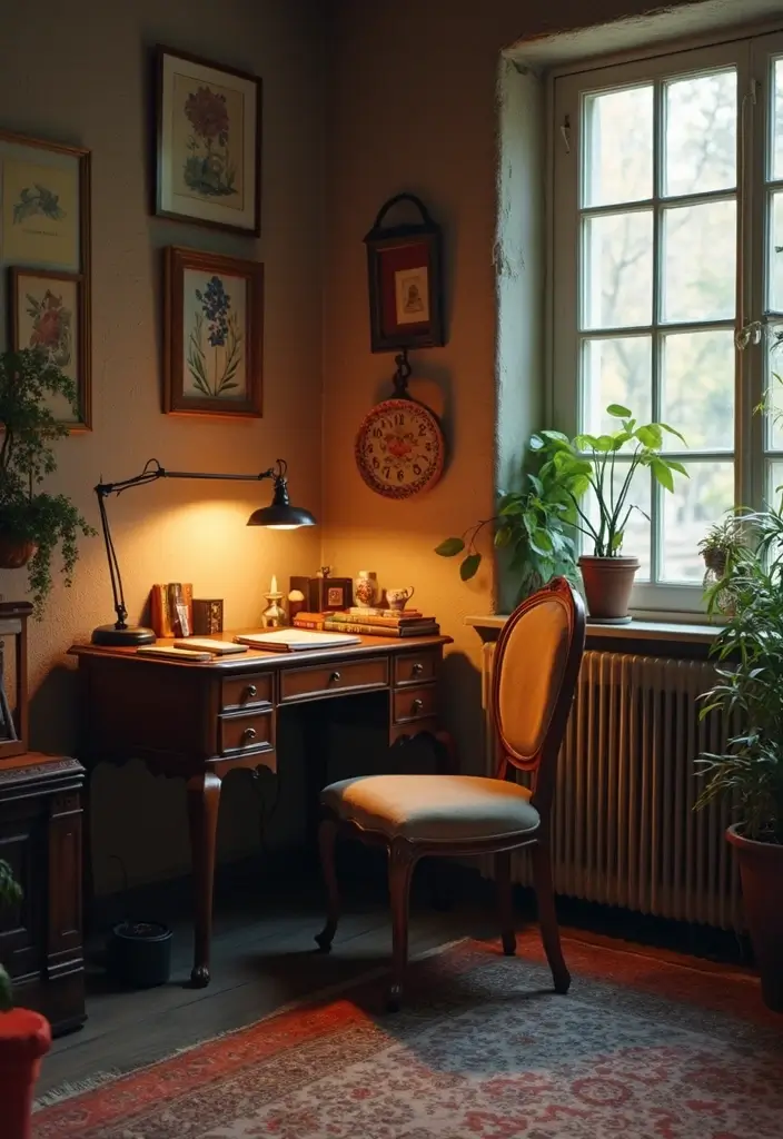 30 Office Nook in Living Room Ideas That Don’t Ruin Your Aesthetic - 6. Vintage Chic Workspace