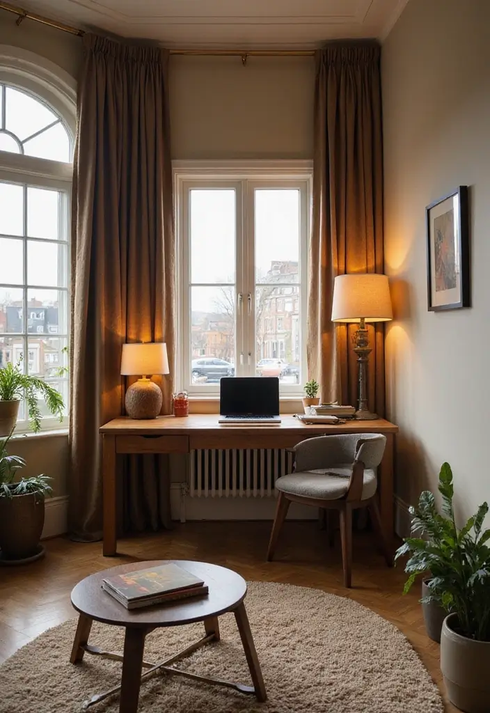 30 Office Nook in Living Room Ideas That Don’t Ruin Your Aesthetic - 9. Curtain Partition Office Nook