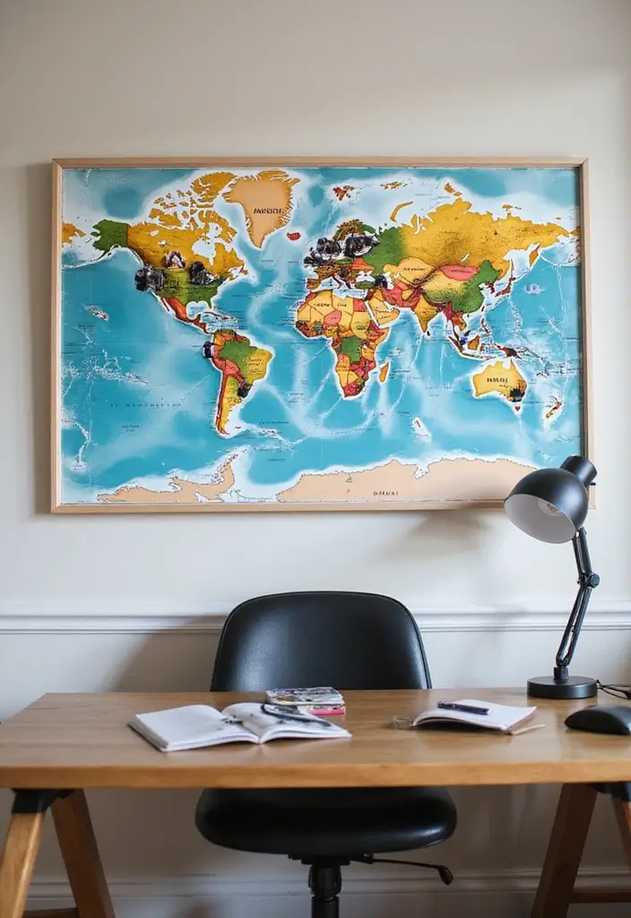 30 Office Photo Wall Ideas to Personalize Your Workspace - 12. Travel Map Collage