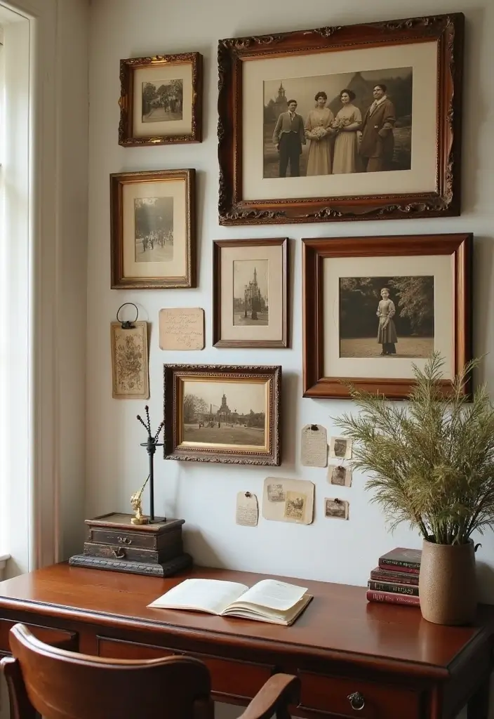30 Office Photo Wall Ideas to Personalize Your Workspace - 13. Vintage Charm