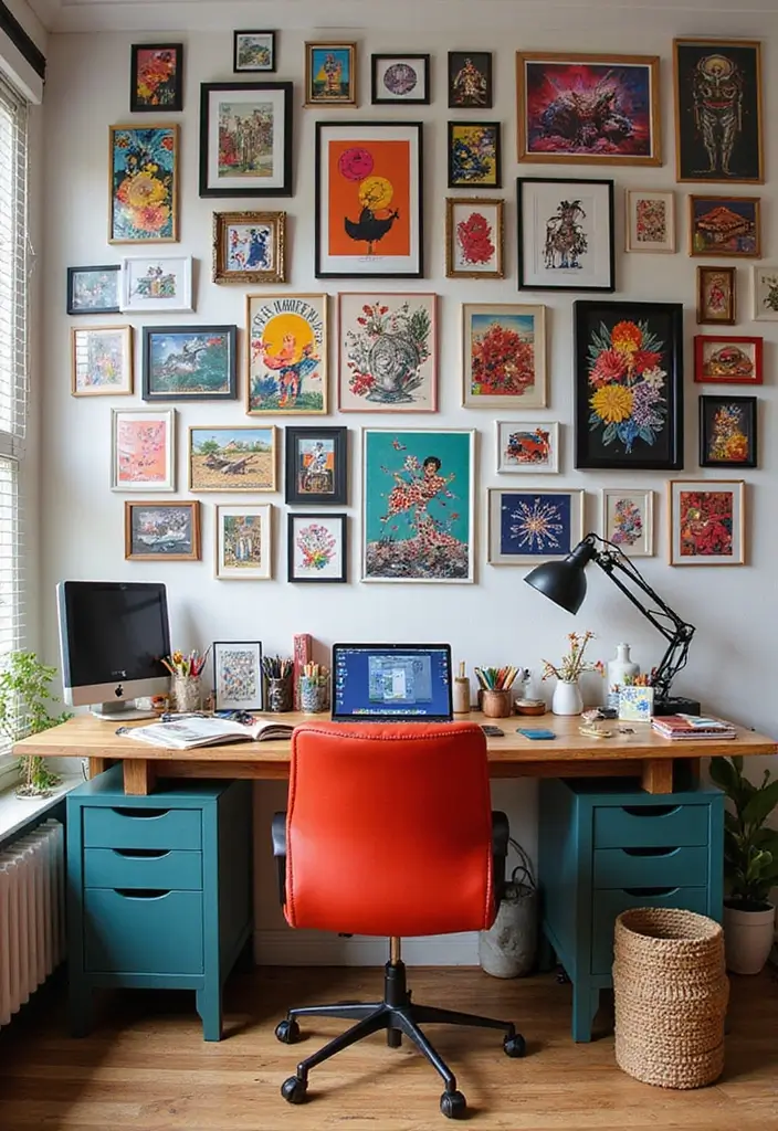 30 Office Photo Wall Ideas to Personalize Your Workspace - 15. Colorful Collage