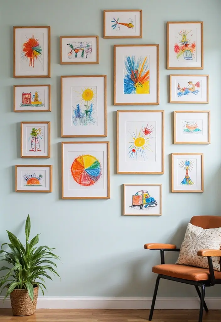 30 Office Photo Wall Ideas to Personalize Your Workspace - 17. Kids' Artwork