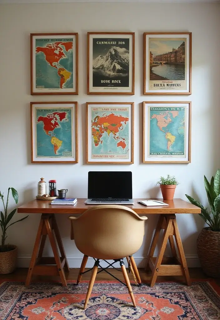 30 Office Photo Wall Ideas to Personalize Your Workspace - 22. Vintage Travel Posters