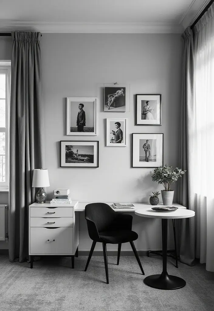 30 Office Photo Wall Ideas to Personalize Your Workspace - 8. Black and White Elegance