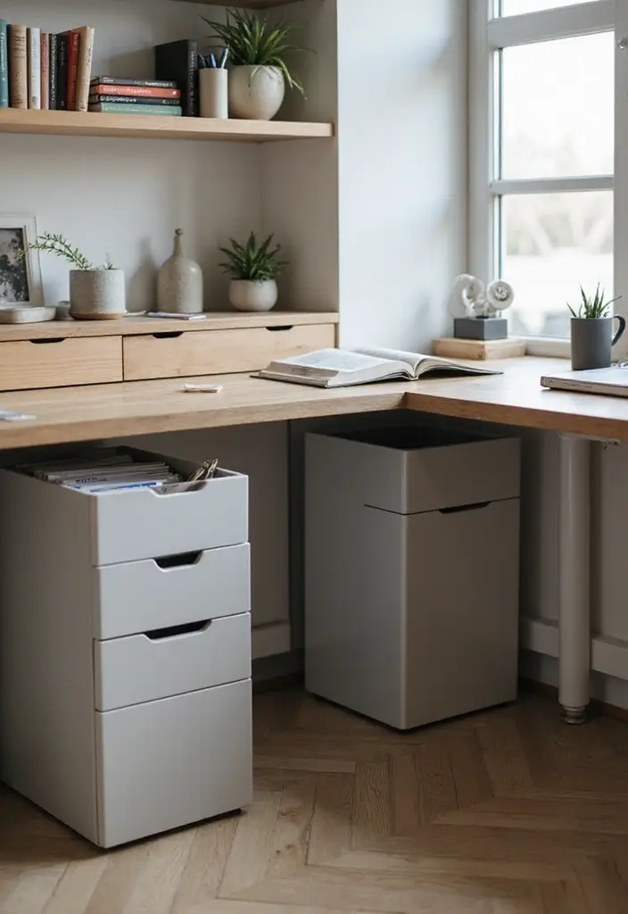 30 Office Table Design Ideas That Look Designer (But Aren’t) - 15. Desk with File Drawers