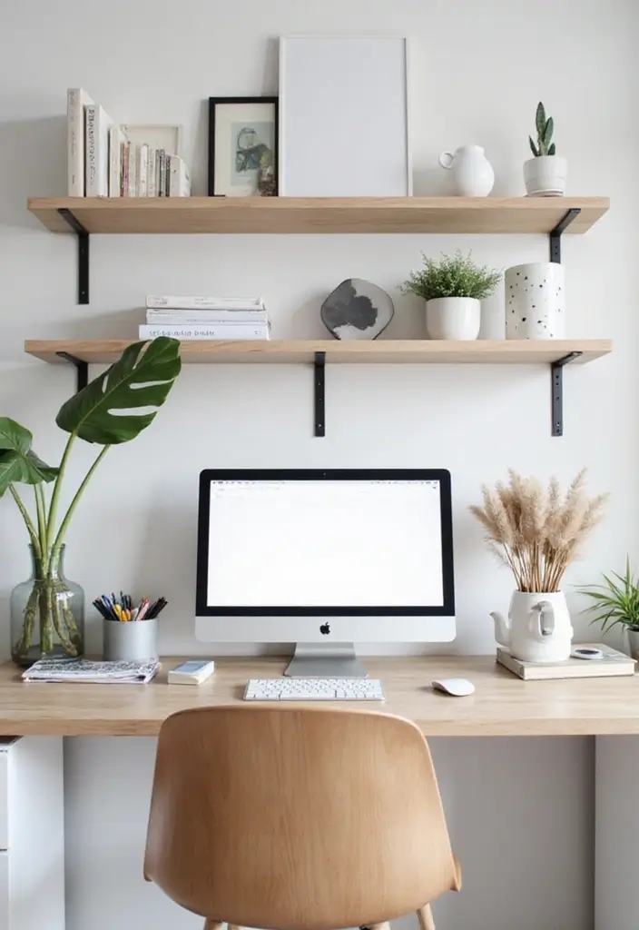 30 Office Table Design Ideas That Look Designer (But Aren’t) - 17. Minimalist Floating Shelves Desk