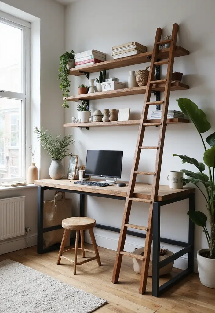 30 Office Table Design Ideas That Look Designer (But Aren’t) - 18. Sturdy Ladder Desk