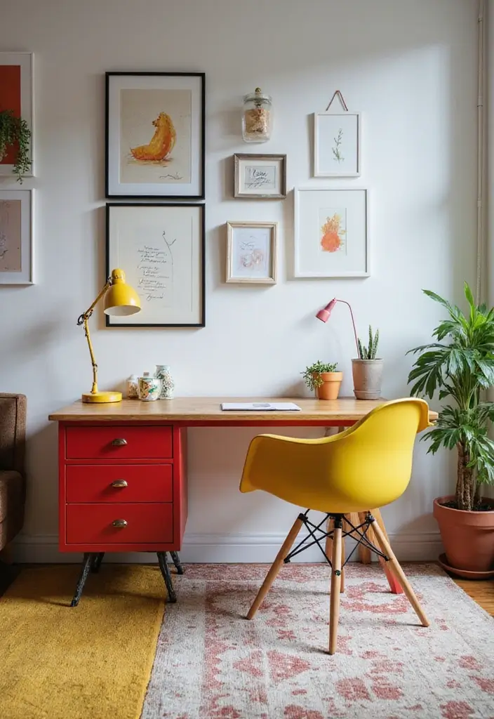 30 Office Table Design Ideas That Look Designer (But Aren’t) - 19. Colorful Desk Accents