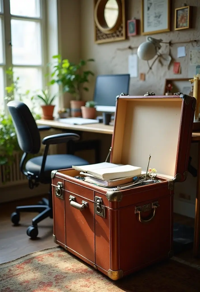 30 Office Table Design Ideas That Look Designer (But Aren’t) - 2. Vintage Suitcase Table