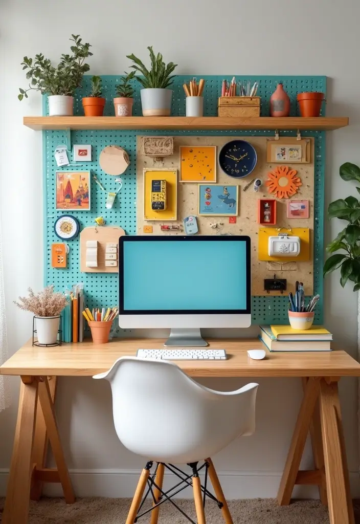 30 Office Table Design Ideas That Look Designer (But Aren’t) - 24. Desk with Pegboard Wall