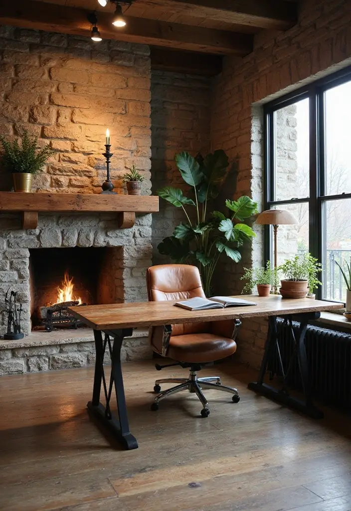 30 Office with Fireplace Ideas That Feel Like a Luxe Cabin - 1. Rustic Stone Fireplace with a Classic Desk