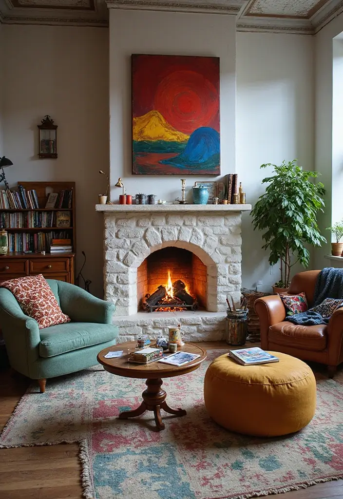 30 Office with Fireplace Ideas That Feel Like a Luxe Cabin - 12. Artistic Space with a Creative Fireplace