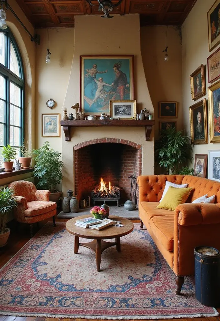 30 Office with Fireplace Ideas That Feel Like a Luxe Cabin - 15. Eclectic Decor with a Unique Fireplace