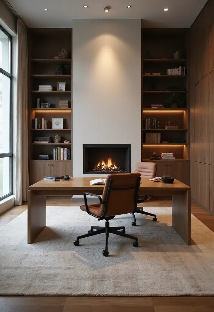 30 Office with Fireplace Ideas That Feel Like a Luxe Cabin - 18. Comfort Meets Functionality with a Fireplace