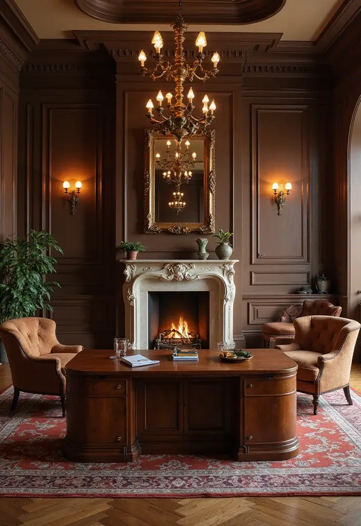 30 Office with Fireplace Ideas That Feel Like a Luxe Cabin - 25. Sophisticated Office with a Fireplace Focal Point