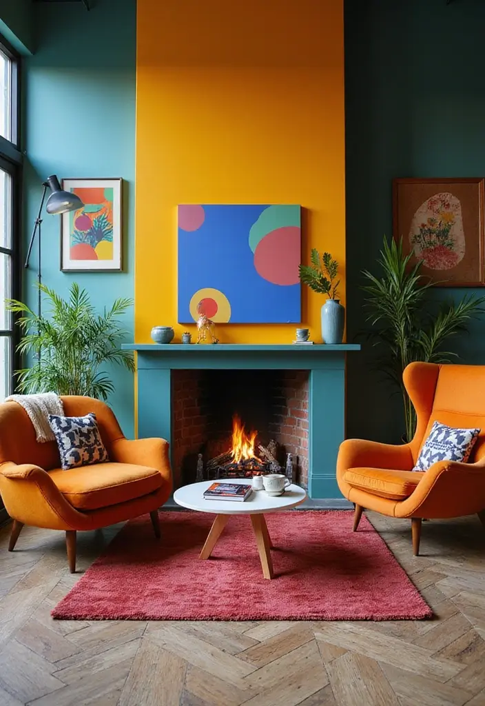 30 Office with Fireplace Ideas That Feel Like a Luxe Cabin - 26. Bold Statements with a Colorful Fireplace