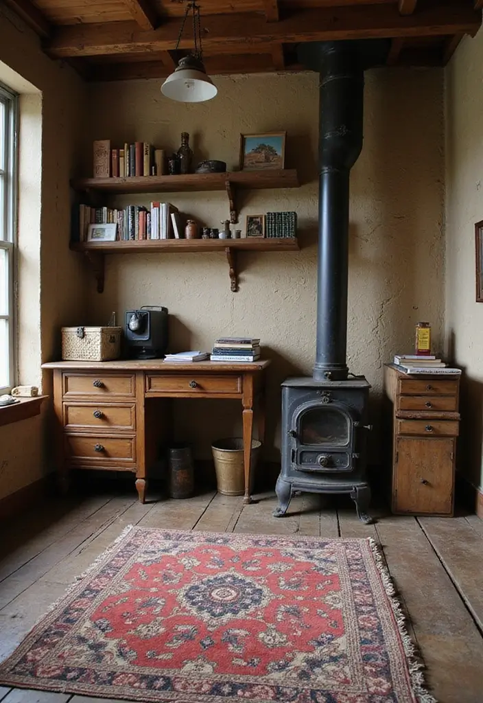 30 Office with Fireplace Ideas That Feel Like a Luxe Cabin - 3. Vintage Charm with a Wood-Burning Stove