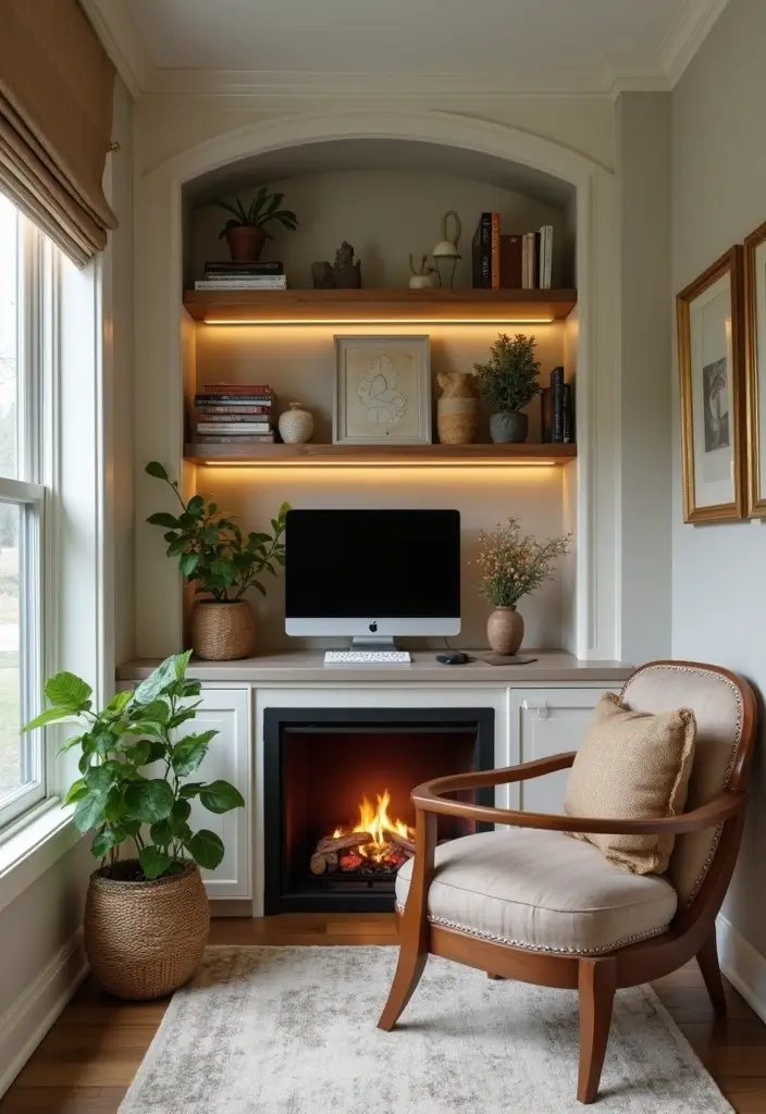 30 Office with Fireplace Ideas That Feel Like a Luxe Cabin - 7. Cozy Corner Office with a Fireplace Nook