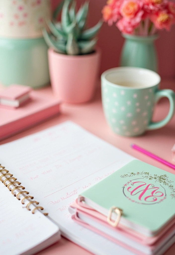 30 Pink and Green Office Ideas for the Prettiest Color Combo Ever - 11. Personalized Desk Accessories