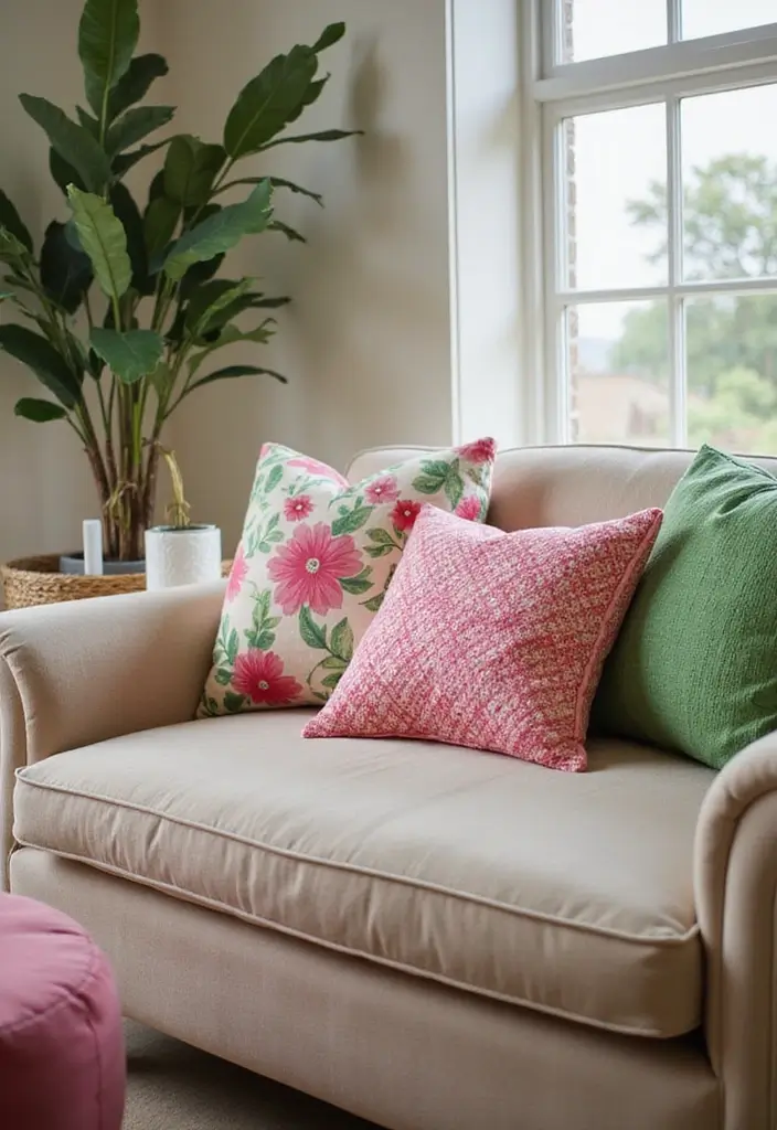 30 Pink and Green Office Ideas for the Prettiest Color Combo Ever - 18. Colorful Throw Pillows