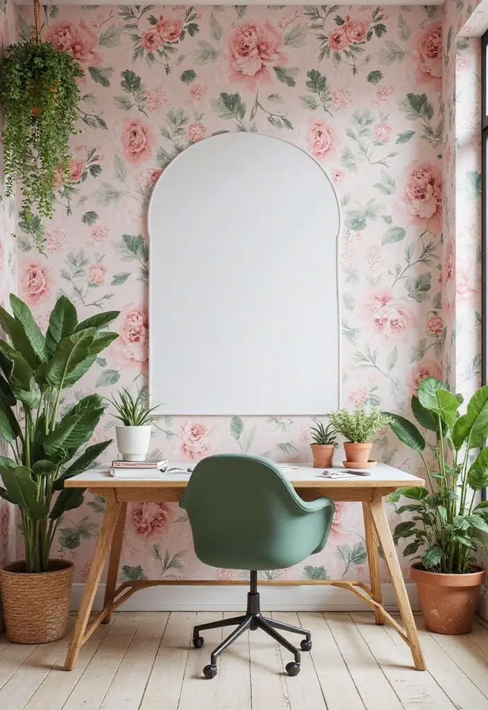 30 Pink and Green Office Ideas for the Prettiest Color Combo Ever - 2. Floral Wallpaper Accents