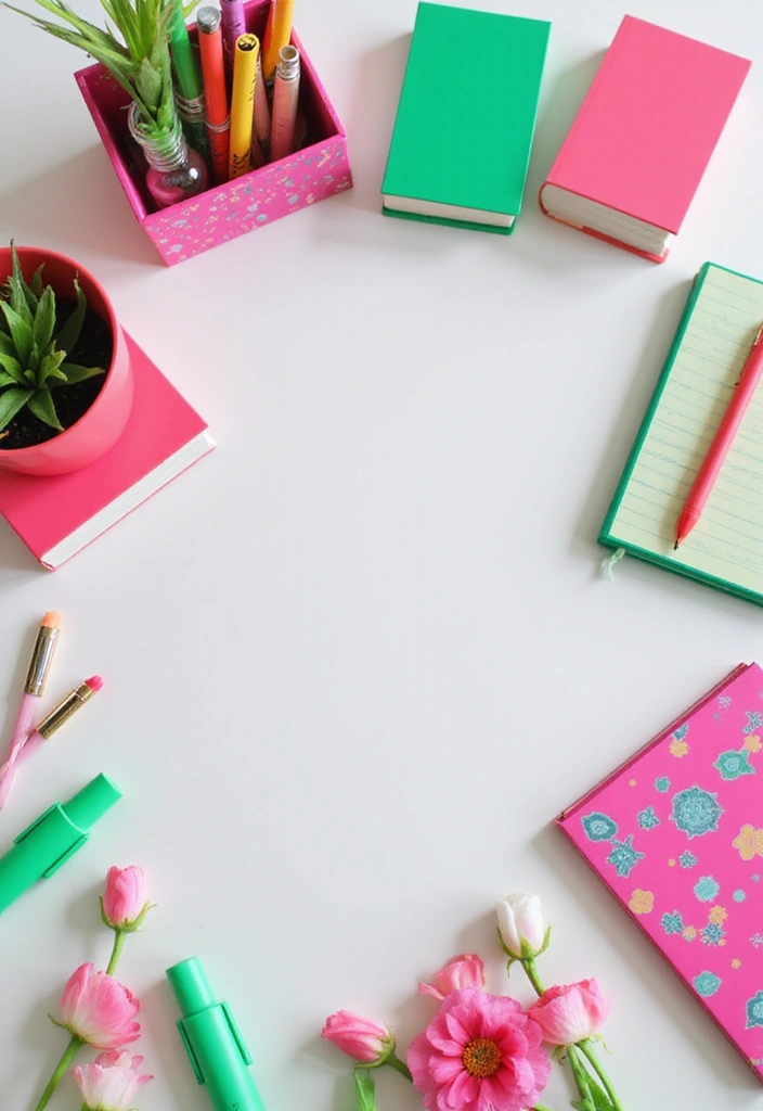 30 Pink and Green Office Ideas for the Prettiest Color Combo Ever - 4. Bright Desk Accessories