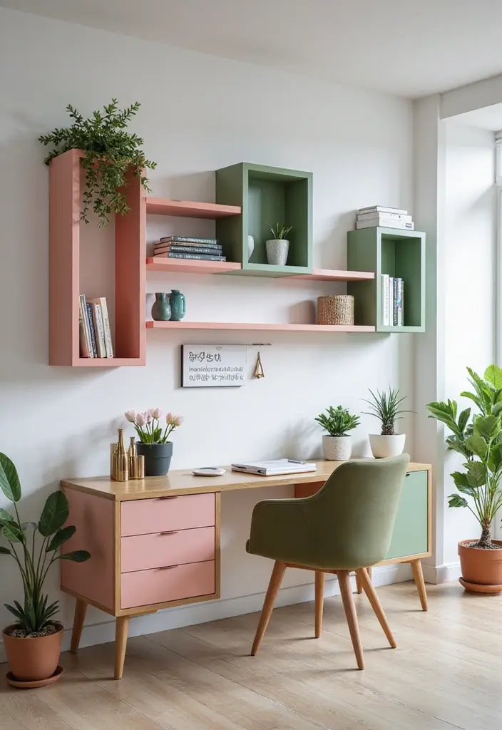 30 Pink and Green Office Ideas for the Prettiest Color Combo Ever - 9. Creative Shelving Ideas